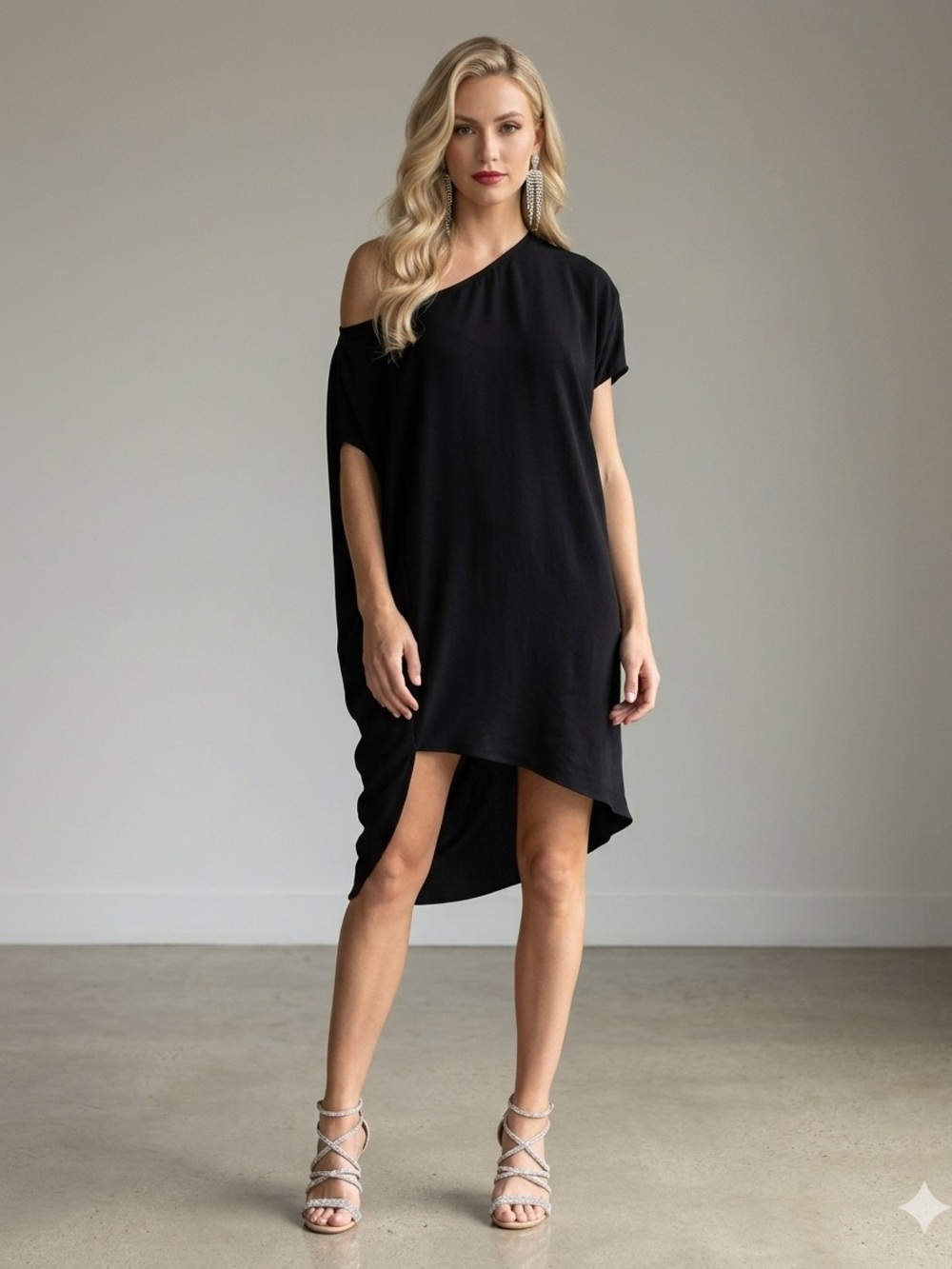 Trina Turk Radiant One Shoulder Dress Asymmetric Draped Black NWOT Small